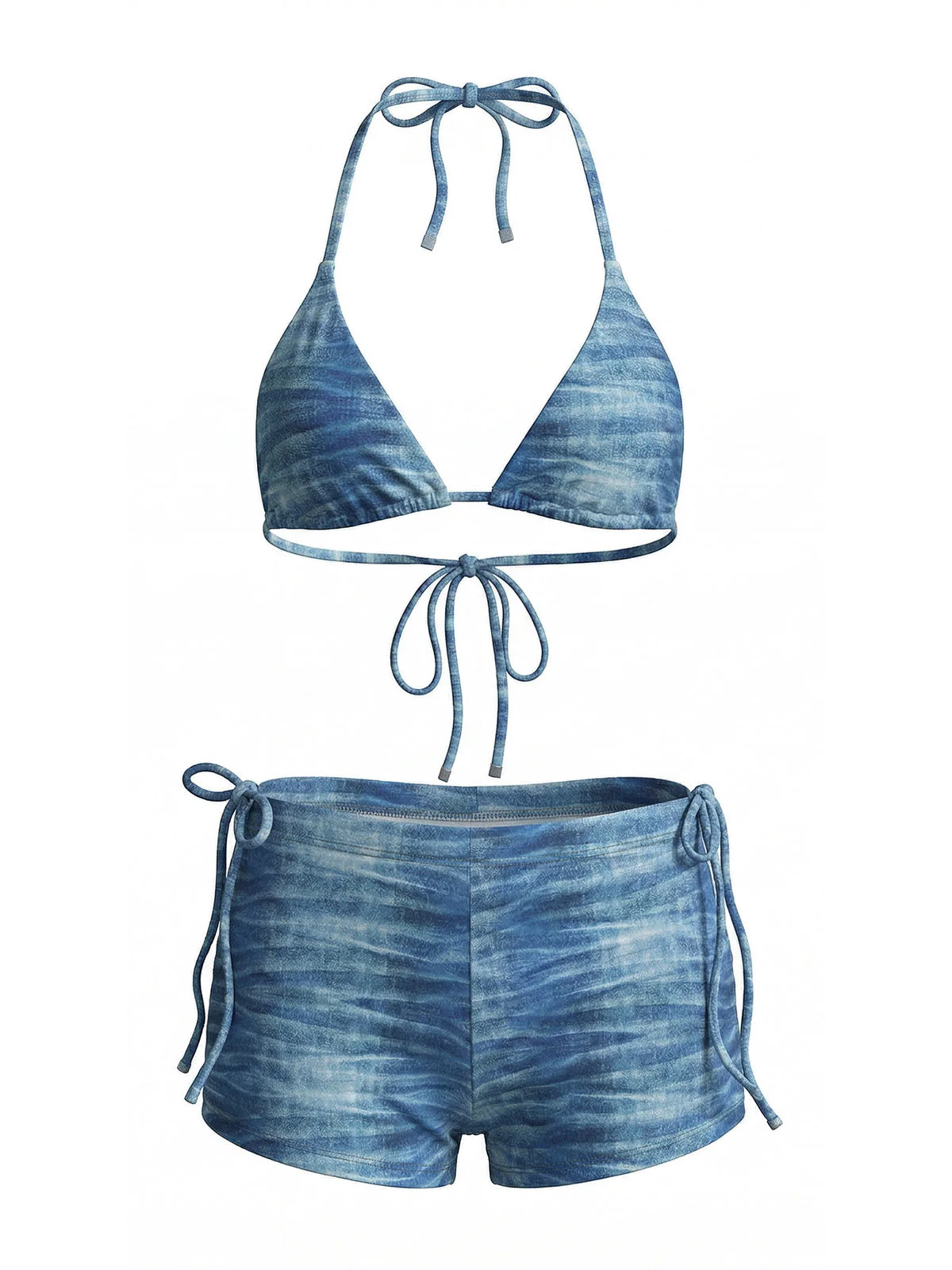 3PCS Light Blue 1980s Denim Plunging Trunks Bikini Set & Shorts - Image 2