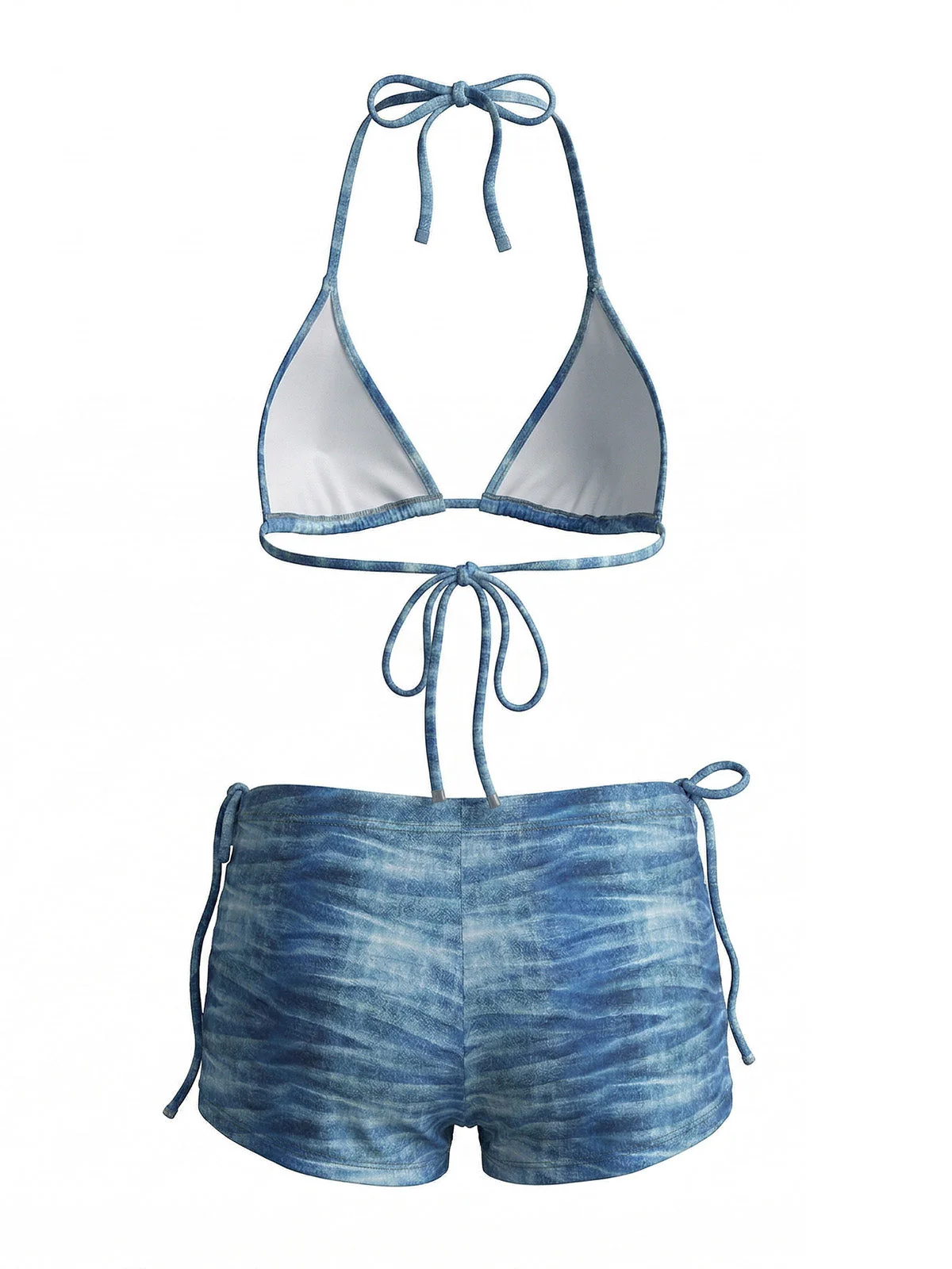 3PCS Light Blue 1980s Denim Plunging Trunks Bikini Set & Shorts - Image 3