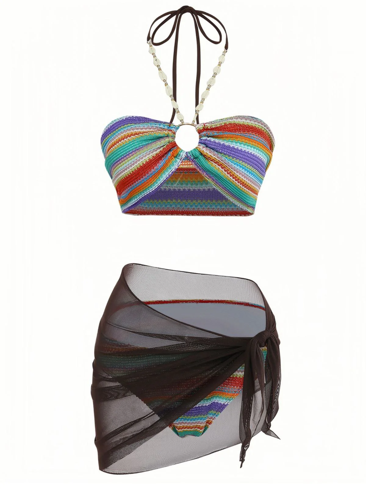 3PCS Multicolor 1970s Halter Rainbow Stripes Shell-Strap Bikini Set - Image 2