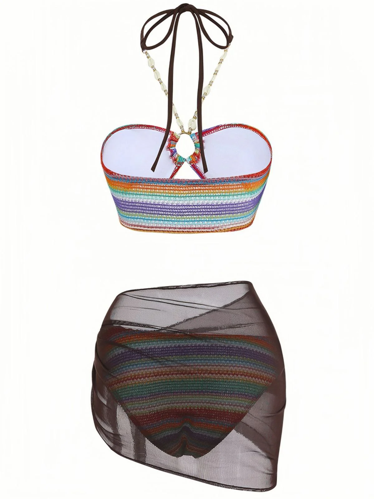 3PCS Multicolor 1970s Halter Rainbow Stripes Shell-Strap Bikini Set - Image 3
