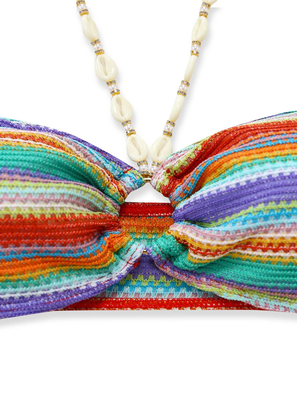 3PCS Multicolor 1970s Halter Rainbow Stripes Shell-Strap Bikini Set - Image 4