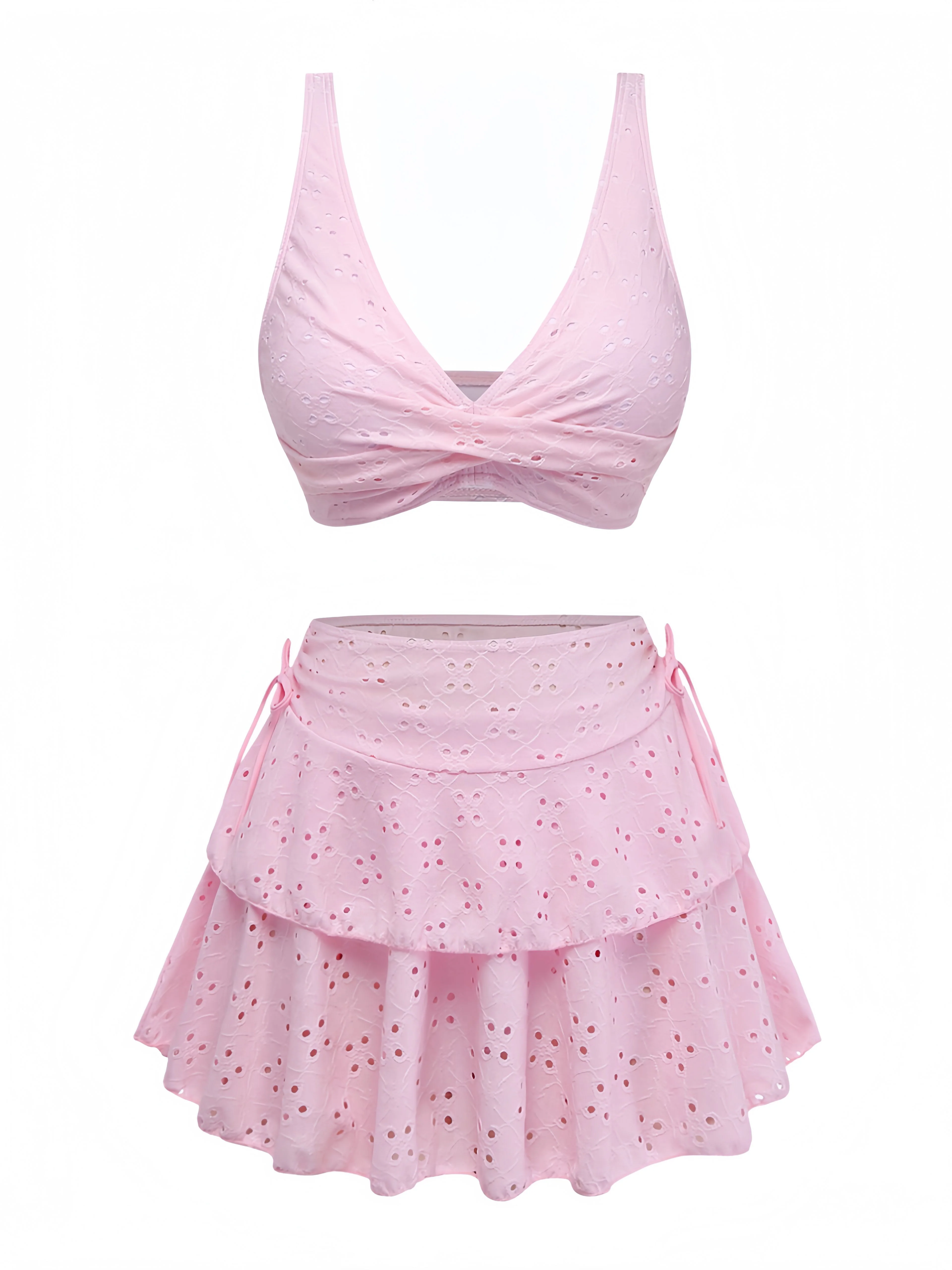 3PCS Pink 1940s Eyelet Bikini Set & Ruffled Skirt - Image 2