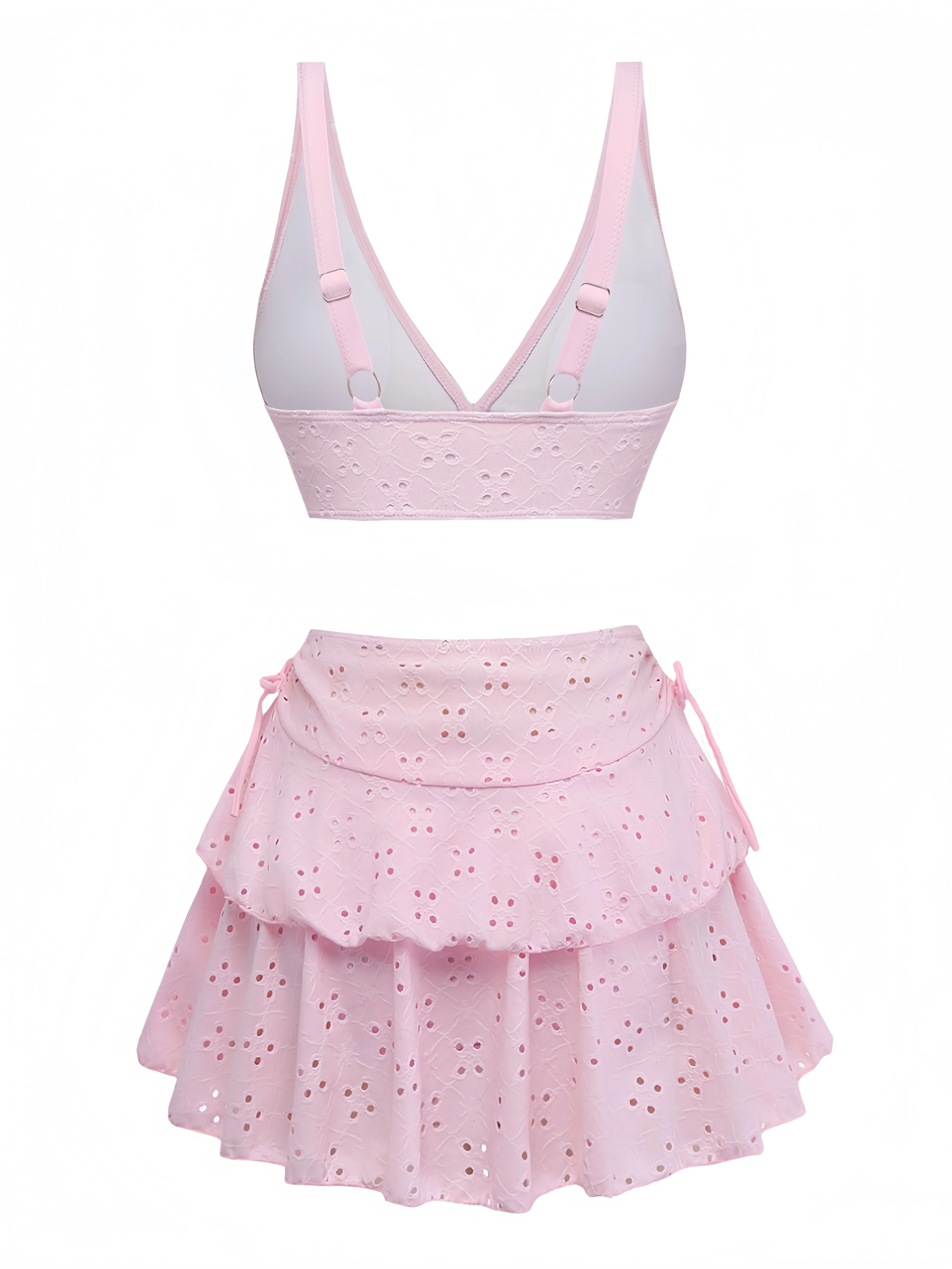 3PCS Pink 1940s Eyelet Bikini Set & Ruffled Skirt - Image 3