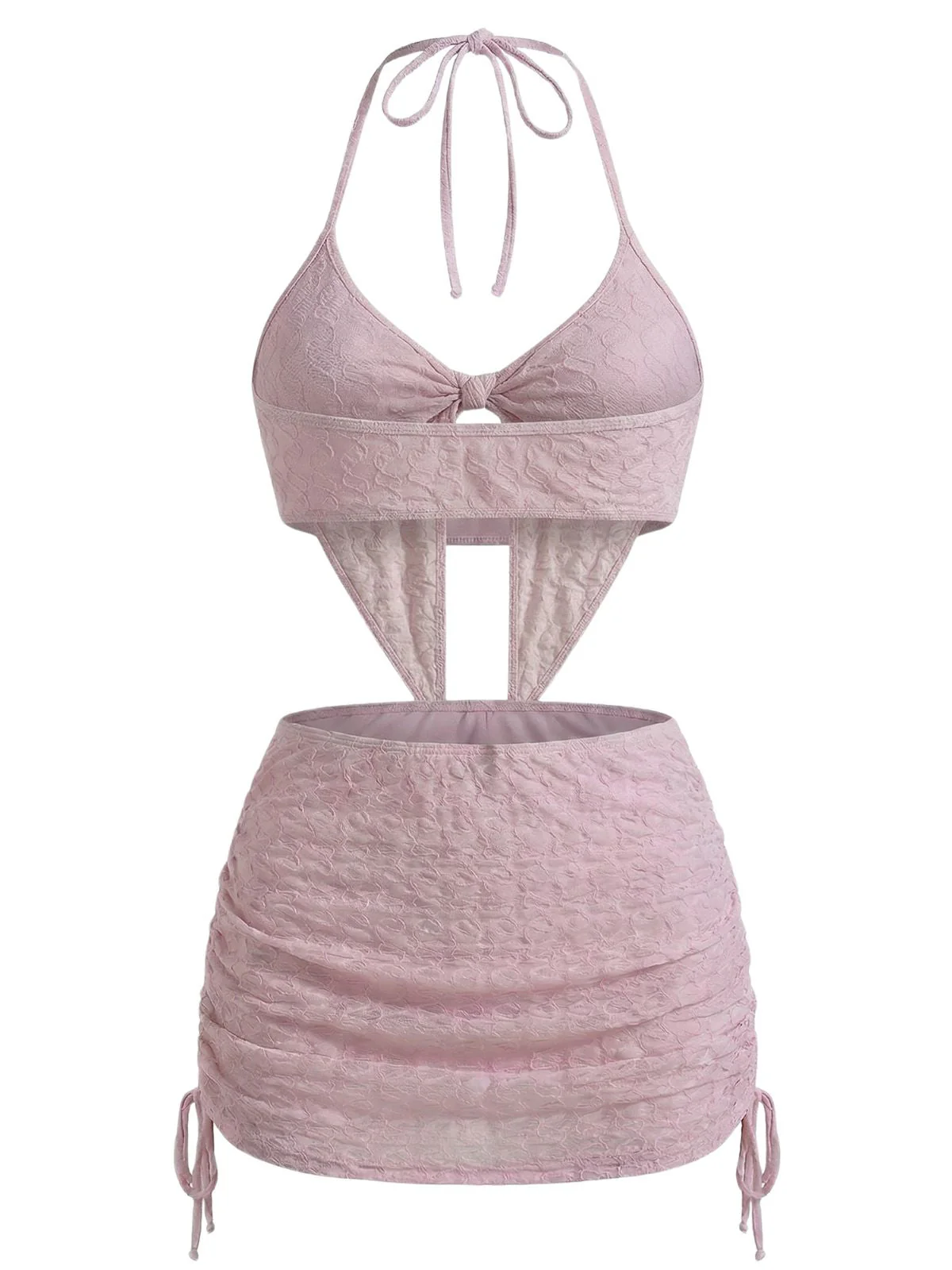 3PCS Pink 1950s Halter Pleated Twist Bikini Set & Cover-Up - Image 2