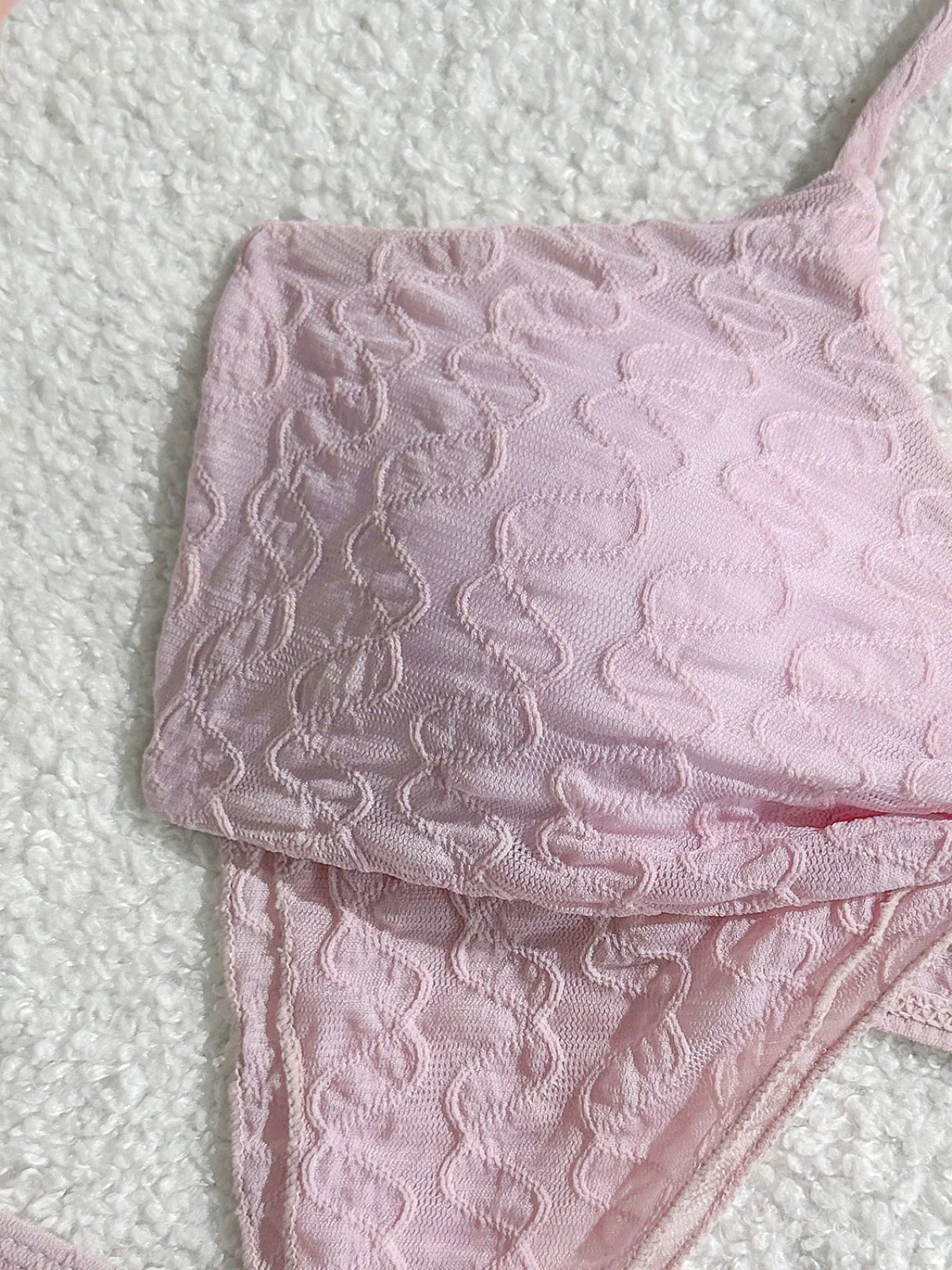 3PCS Pink 1950s Halter Pleated Twist Bikini Set & Cover-Up - Image 3