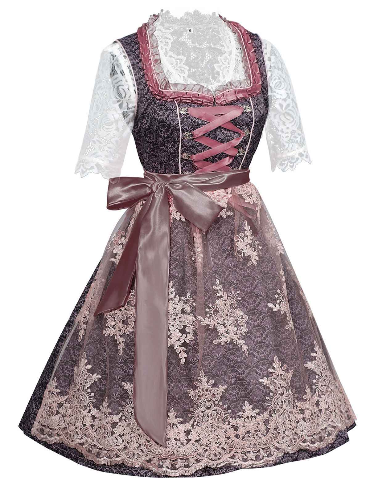 3PCS Pink 1950s Lace Top & Embroidered Ribbon Dress - Image 2