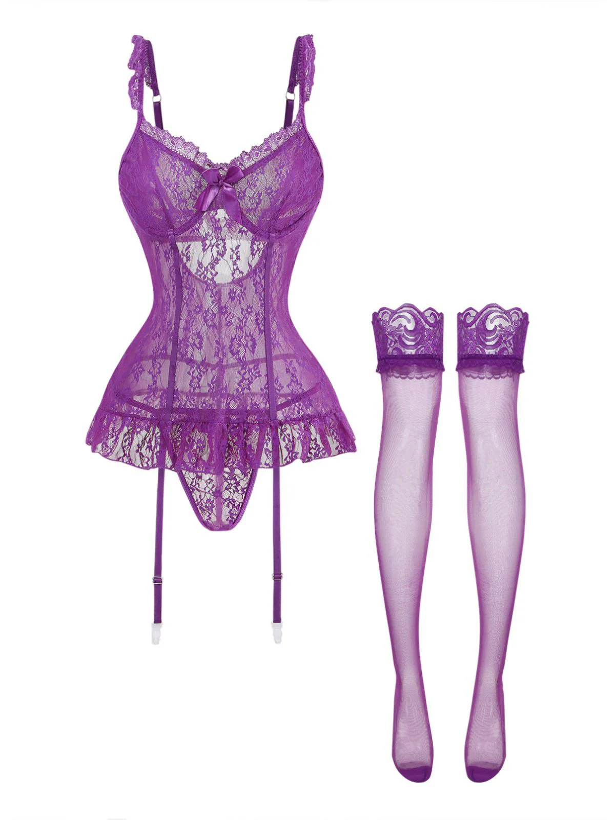 3PCS Purple 1980s Lace Lingerie Set with Stockings - Image 2