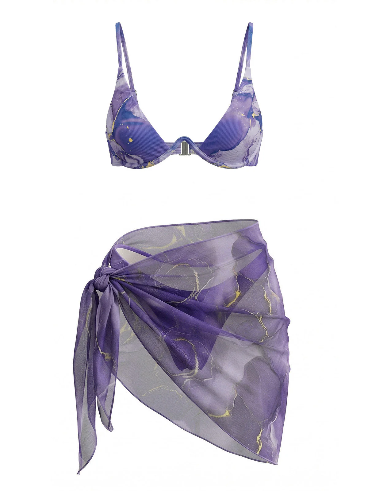 Purple 1980s Marble Triangle Bikini Set & Cover-Up - Image 2