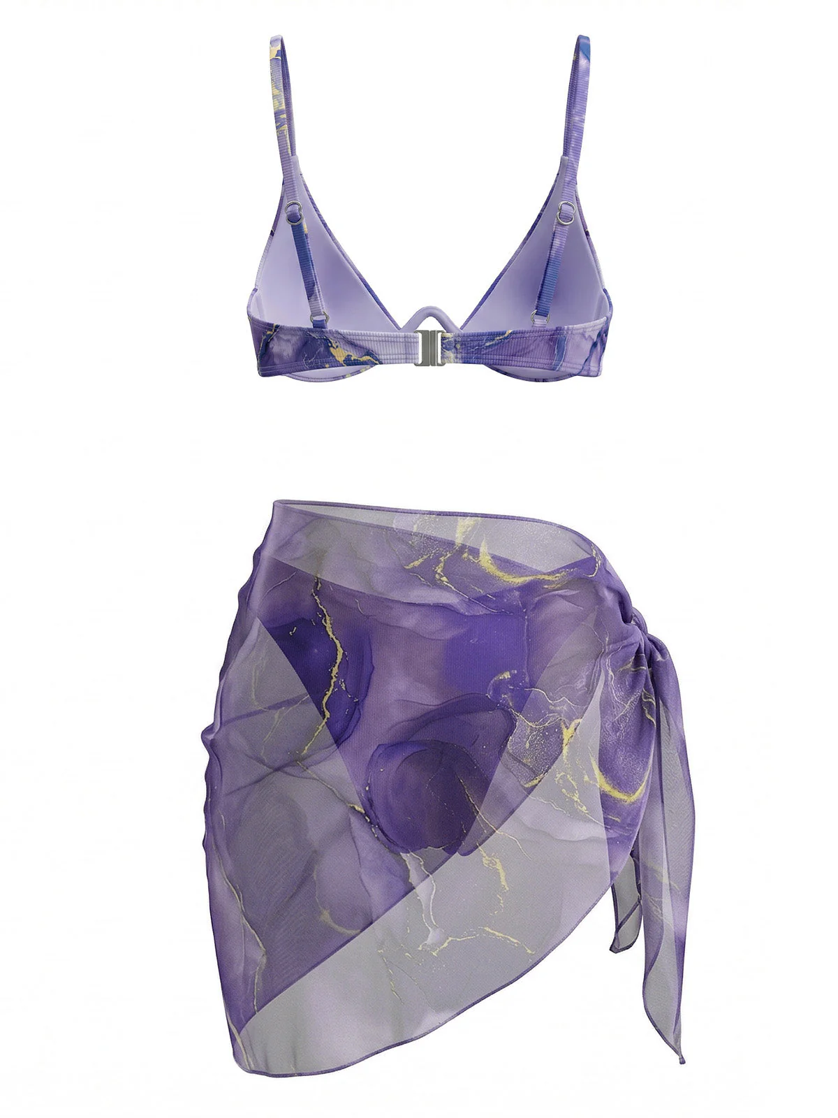 Purple 1980s Marble Triangle Bikini Set & Cover-Up - Image 3