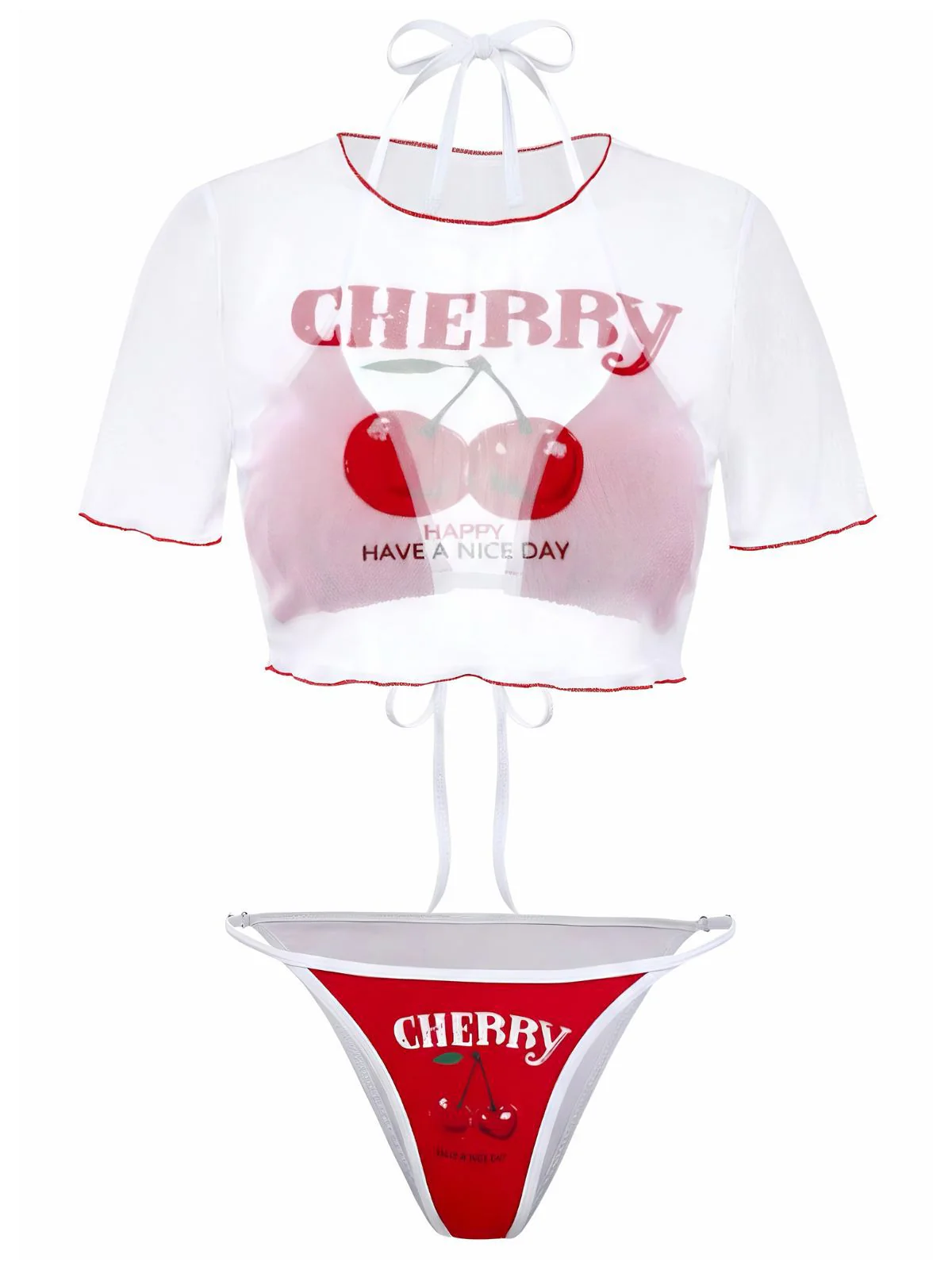 3PCS Red 1950s Cherry Print Tie-Up Bikini Set - Image 2