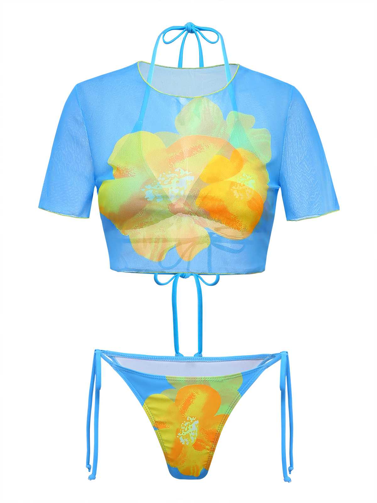 3PCS Sky Blue 1960s Floral Bikini Set & Crop Top - Image 2
