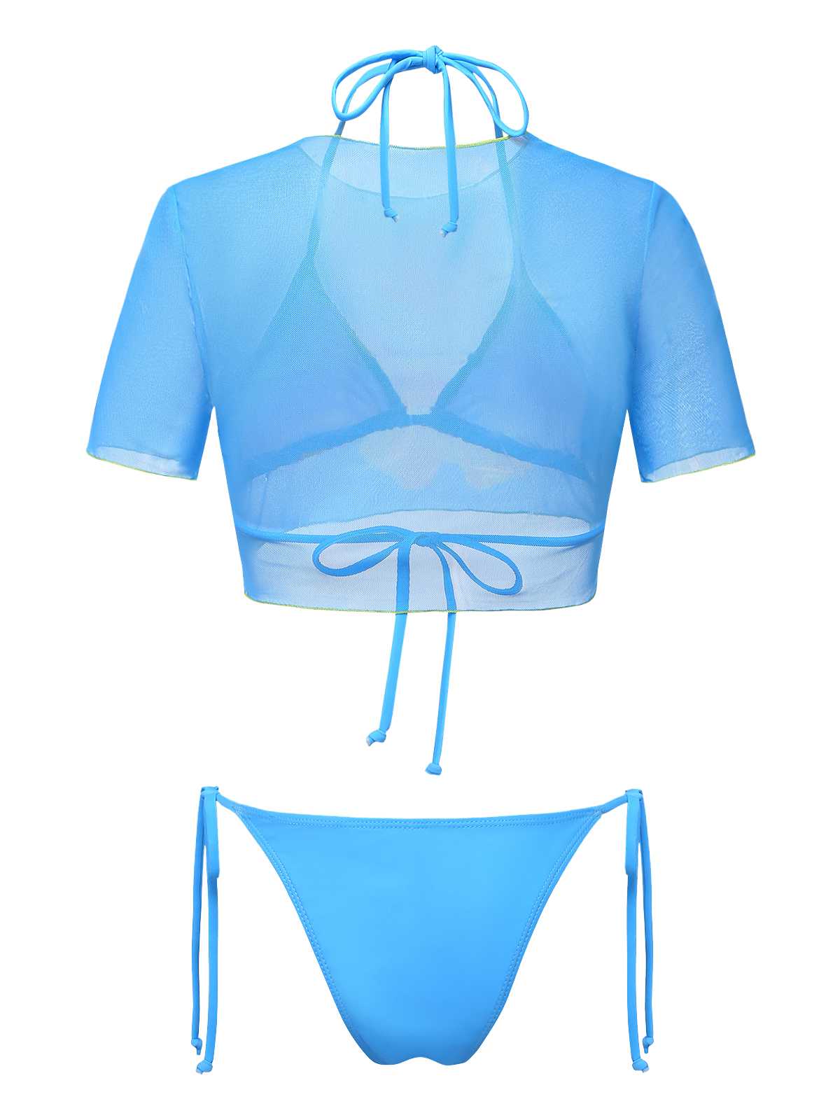 3PCS Sky Blue 1960s Floral Bikini Set & Crop Top - Image 3