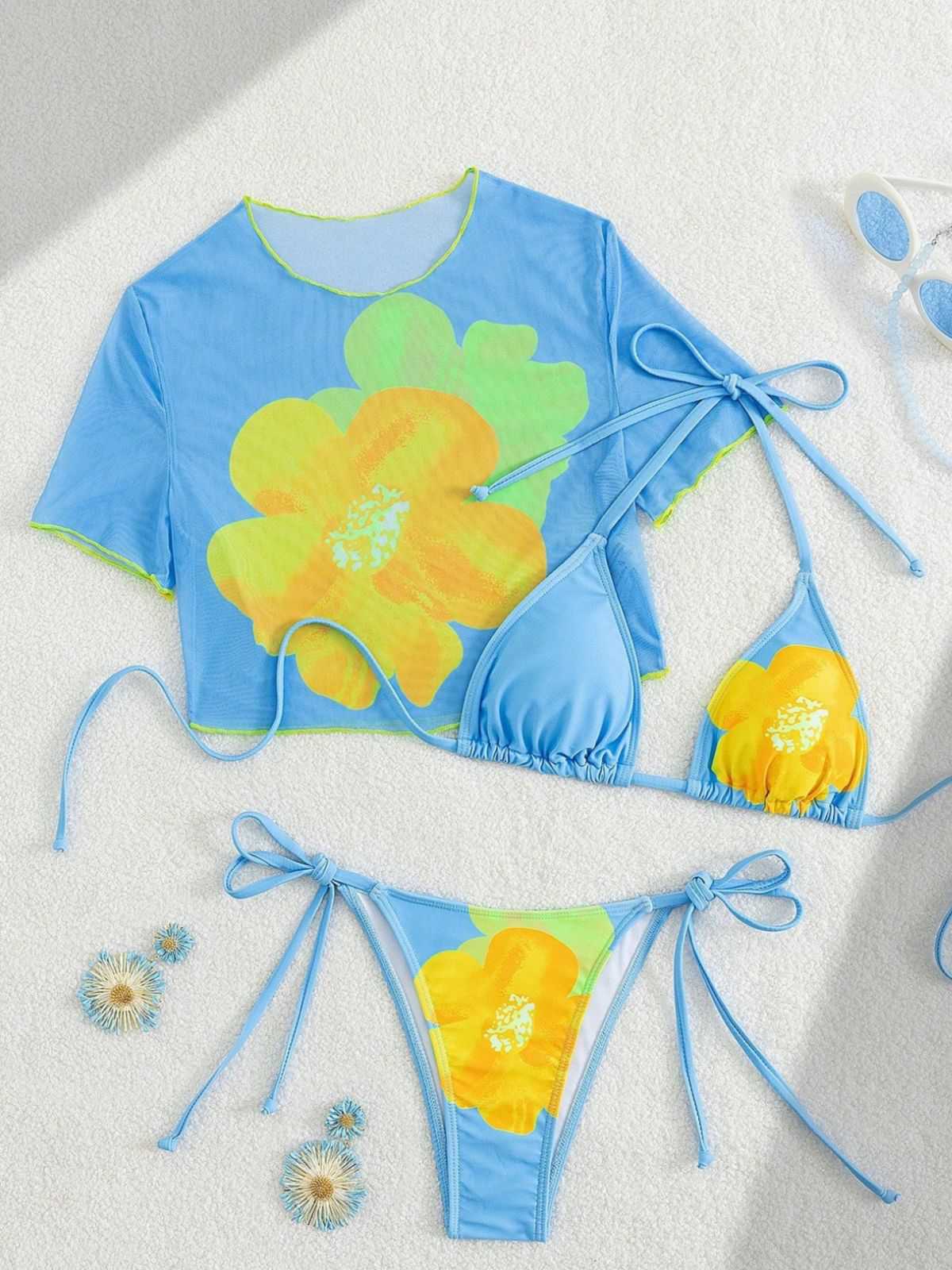 3PCS Sky Blue 1960s Floral Bikini Set & Crop Top - Image 4