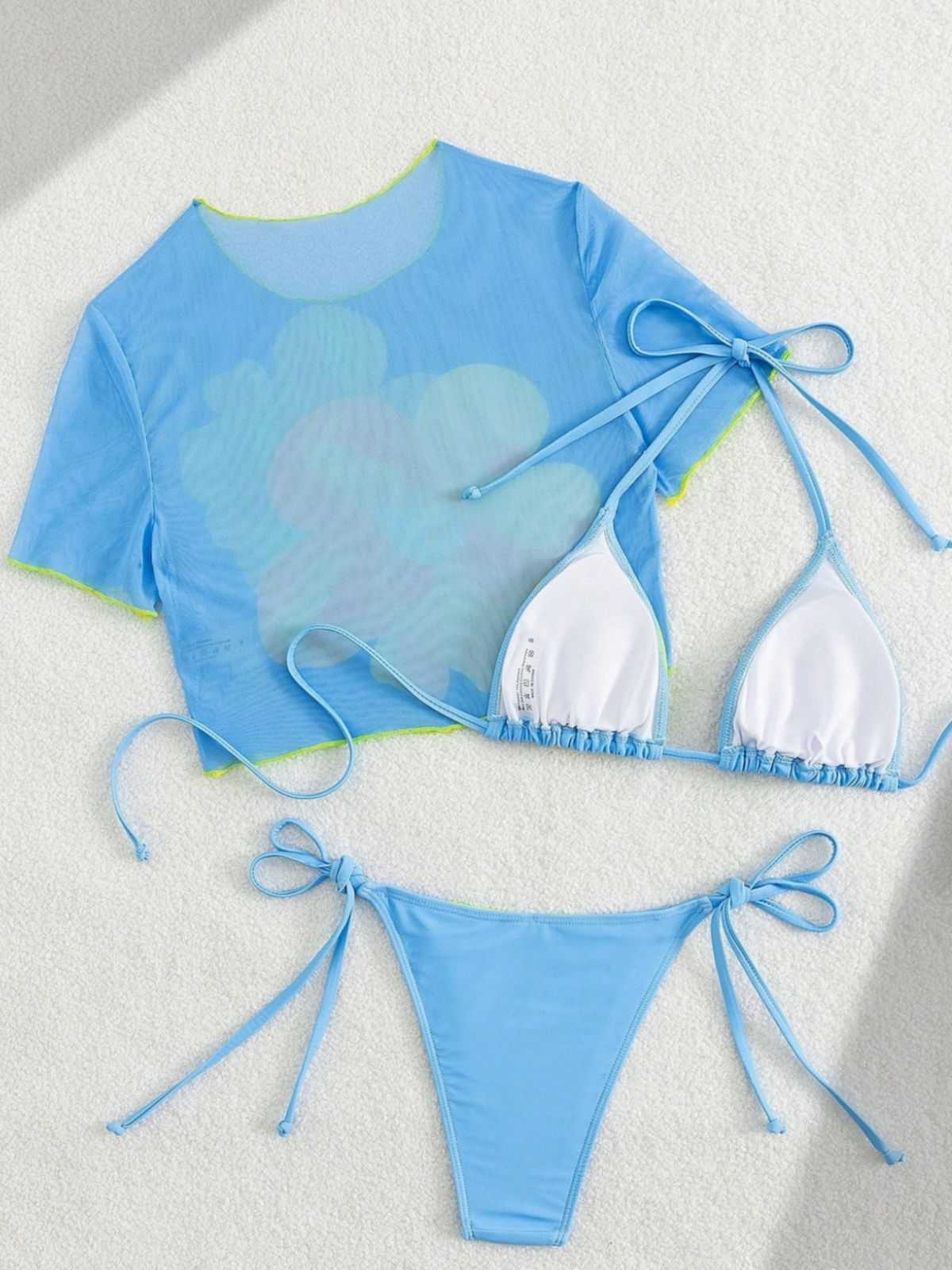 3PCS Sky Blue 1960s Floral Bikini Set & Crop Top - Image 5