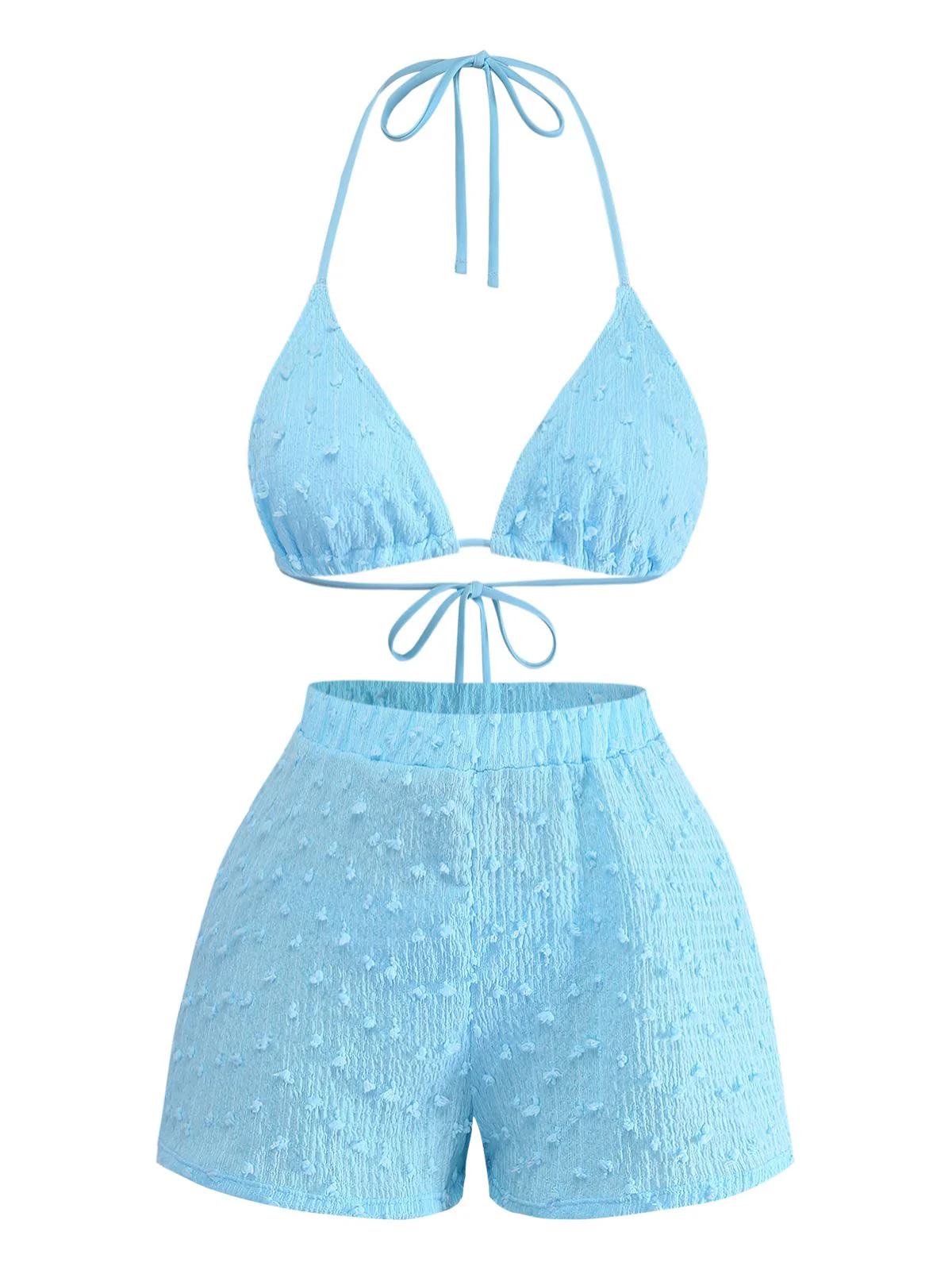3PCS Sky Blue 1960s Triangle Bikini & Tie Shorts Set - Image 2