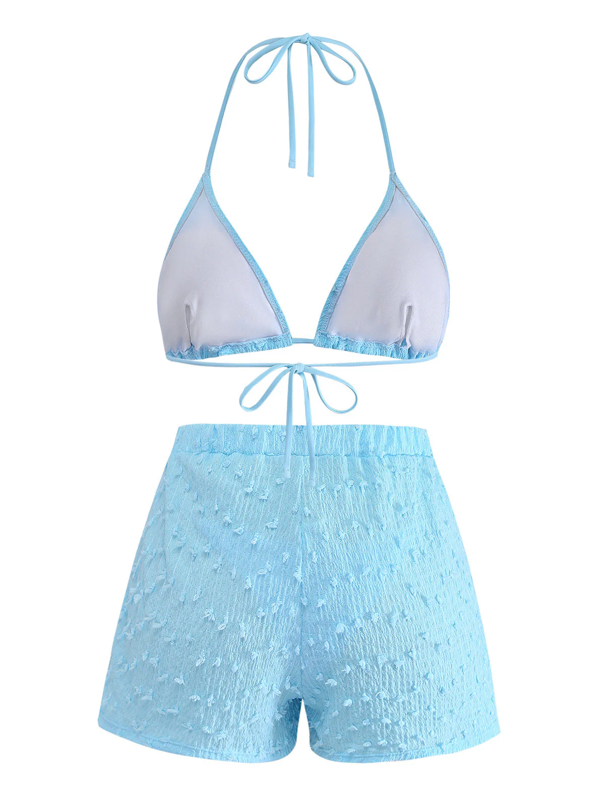 3PCS Sky Blue 1960s Triangle Bikini & Tie Shorts Set - Image 3