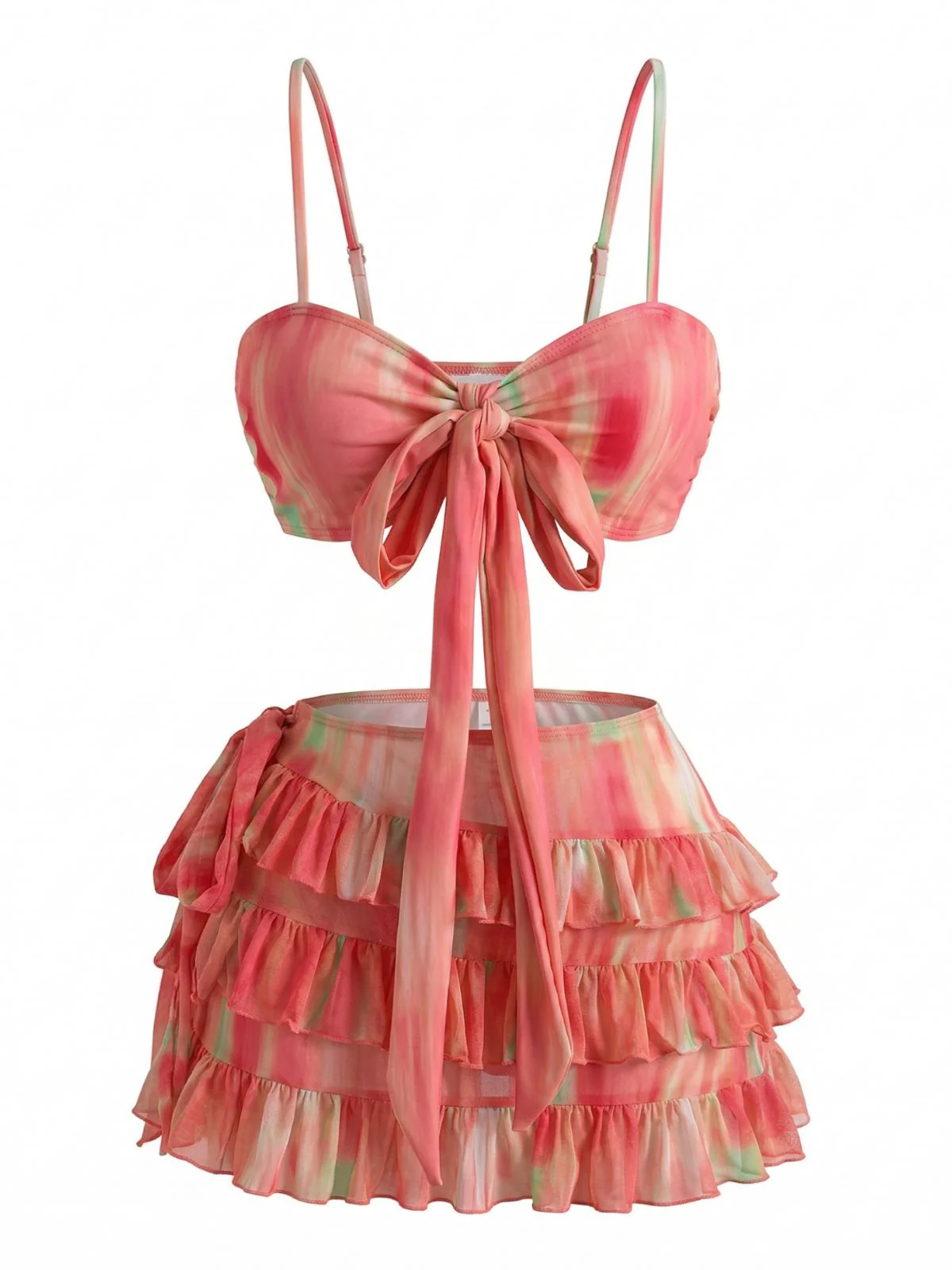 3PCS Watermelon Red 1960s Bikini Set & Tiered Ruffle Cover-up - Image 2