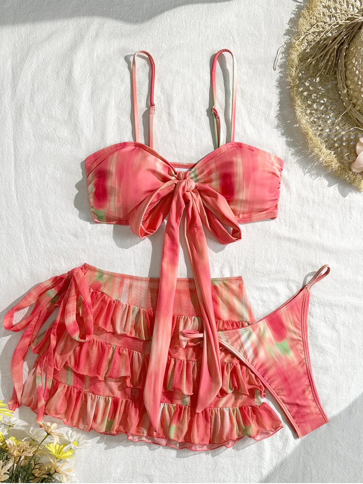 3PCS Watermelon Red 1960s Bikini Set & Tiered Ruffle Cover-up - Image 3