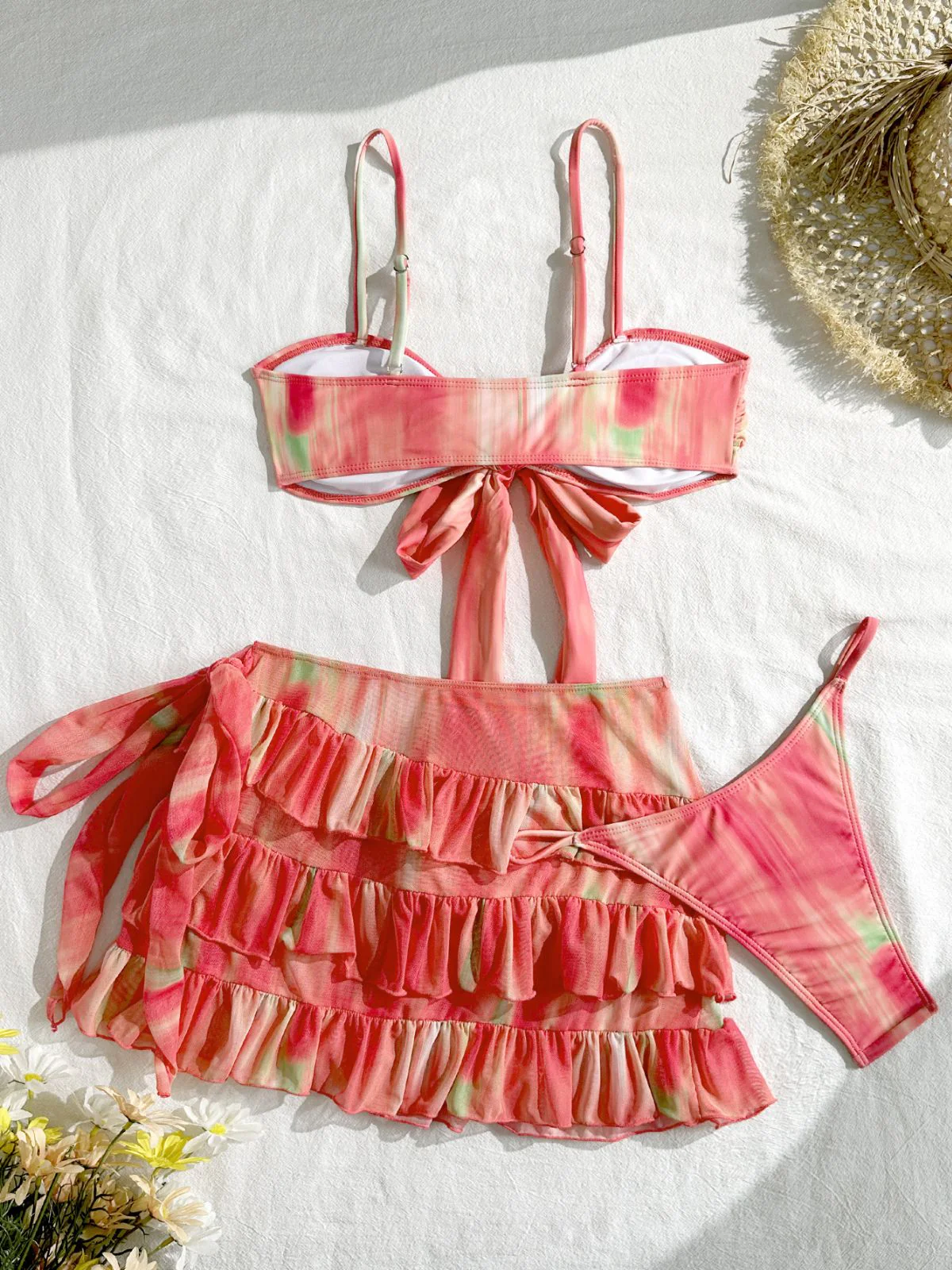3PCS Watermelon Red 1960s Bikini Set & Tiered Ruffle Cover-up - Image 4