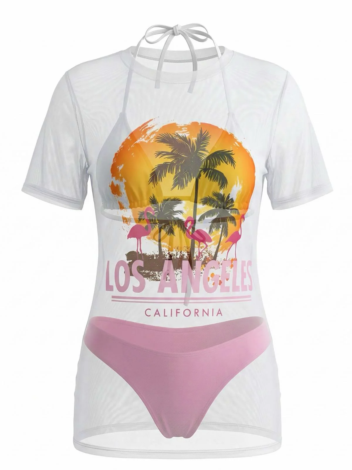 3PCS White 1970s Beach Coconut Tree Bikini Set - Image 2