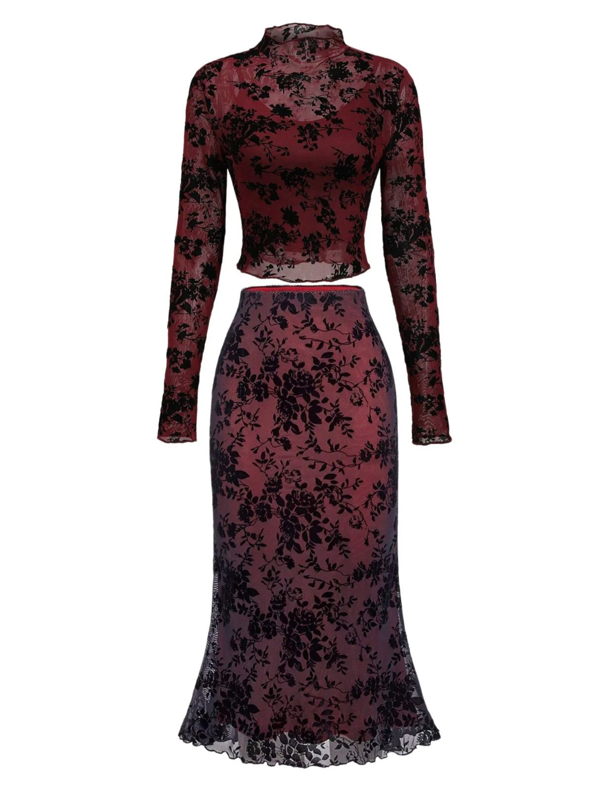 3PCS Wine Red 1930s Flocked Floral Sheer Set - Image 2