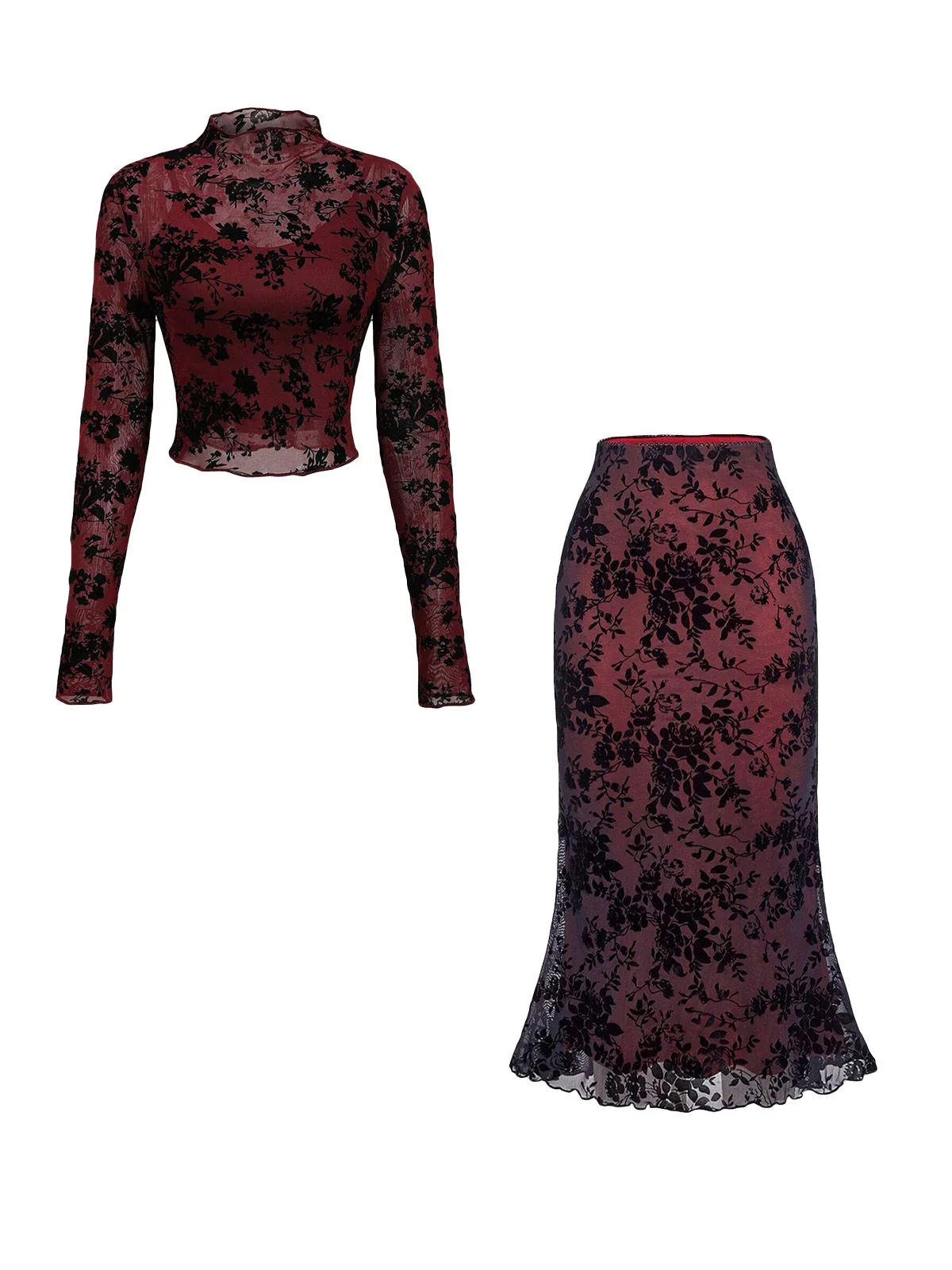 3PCS Wine Red 1930s Flocked Floral Sheer Set - Image 3