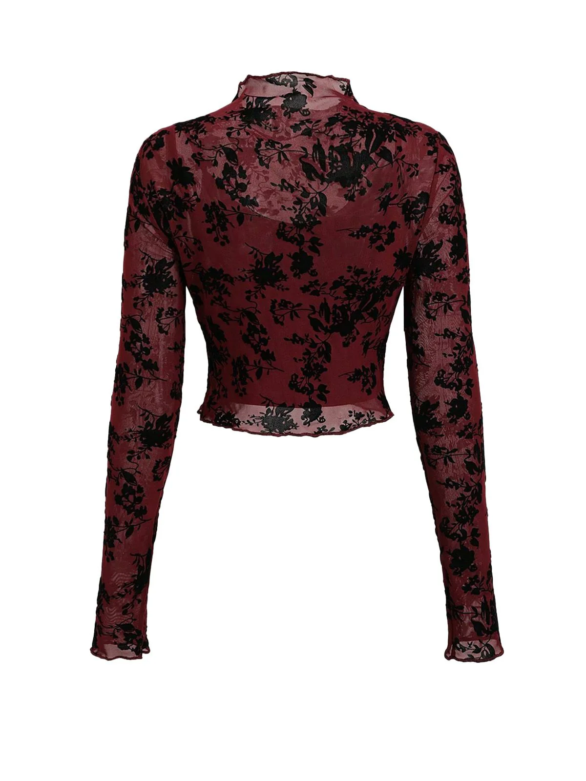 3PCS Wine Red 1930s Flocked Floral Sheer Set - Image 4