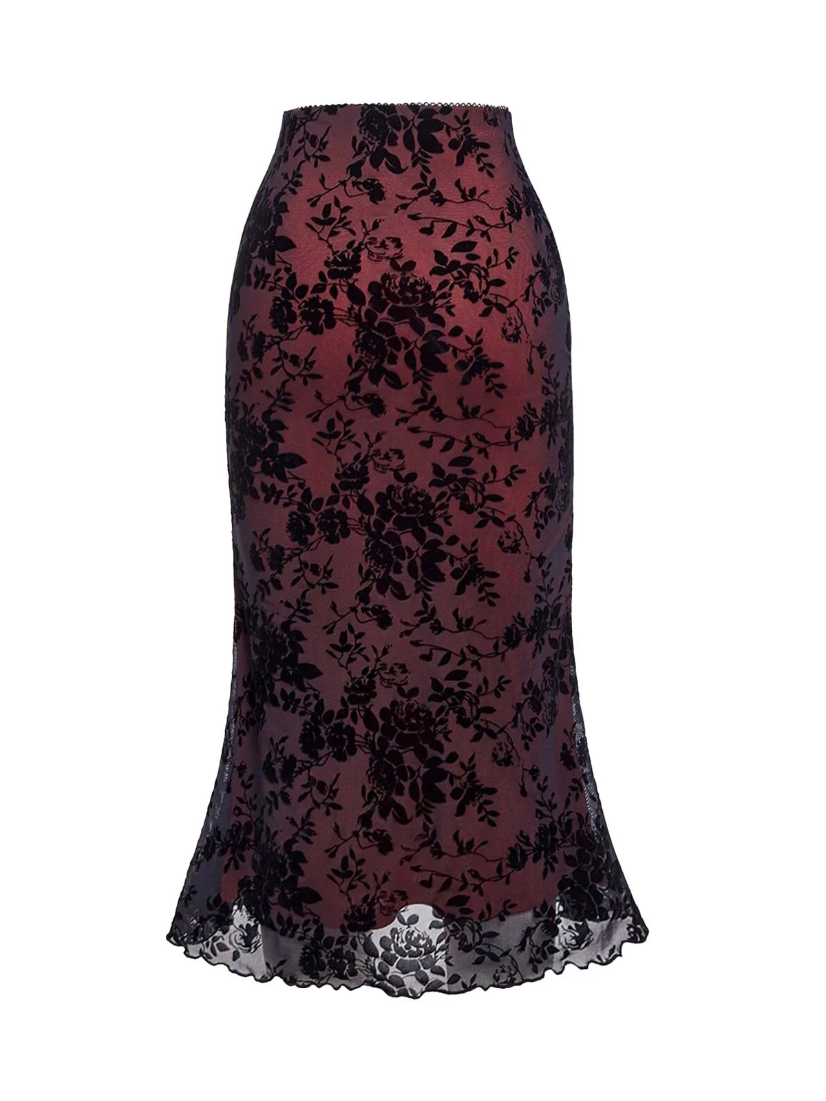 3PCS Wine Red 1930s Flocked Floral Sheer Set - Image 5
