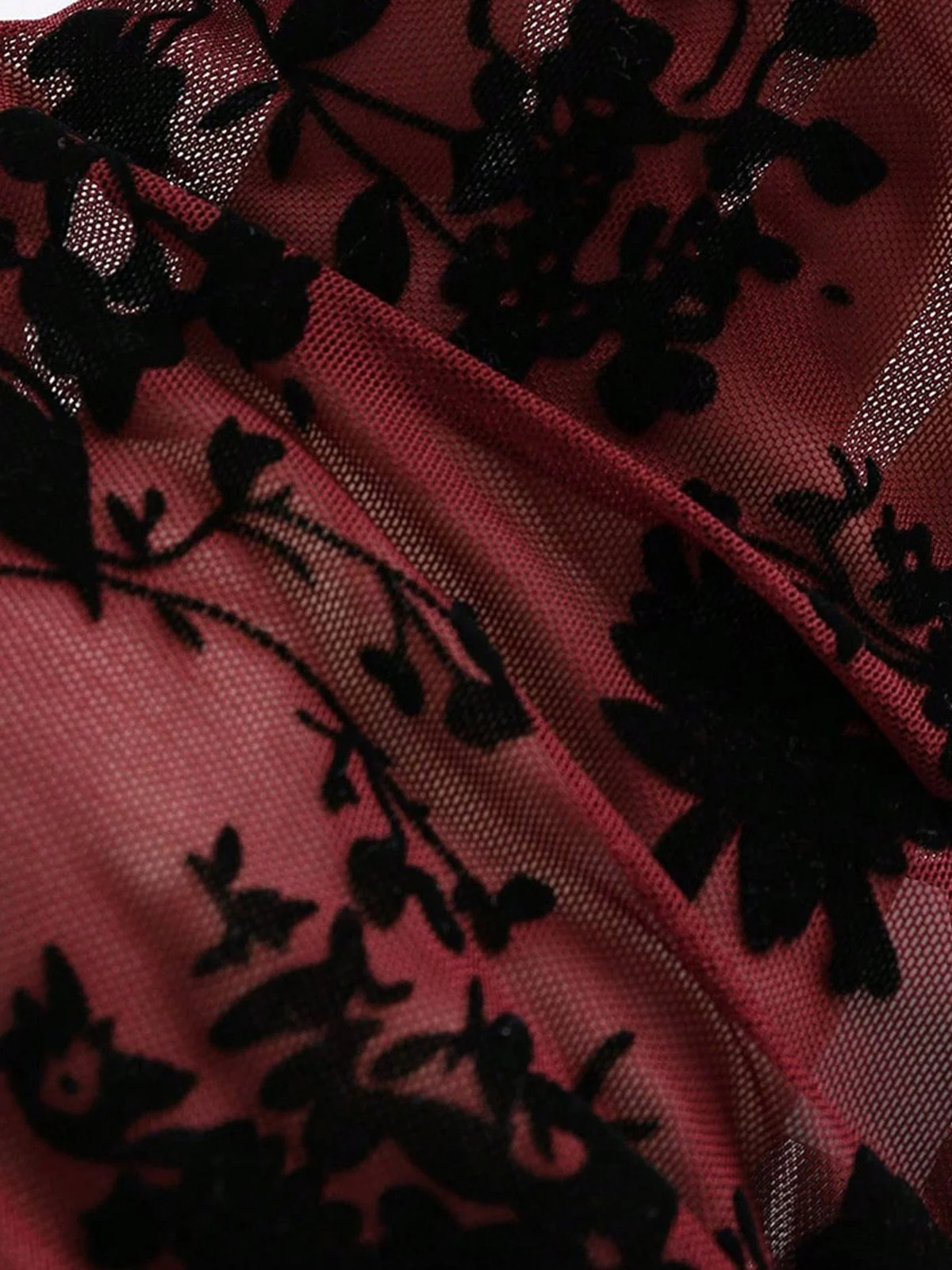 3PCS Wine Red 1930s Flocked Floral Sheer Set - Image 6