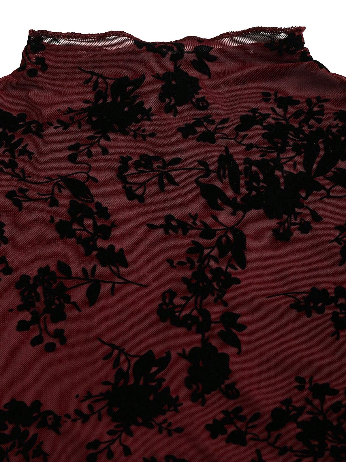 3PCS Wine Red 1930s Flocked Floral Sheer Set - Image 7