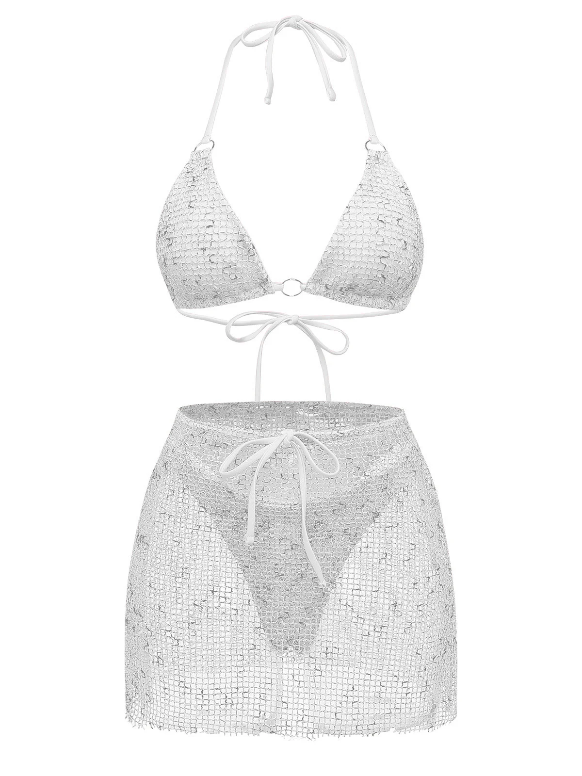 3PCS Y2K Crochet Sequin Halter Tie Triangle Bikini Set & Cover-Up - Image 12