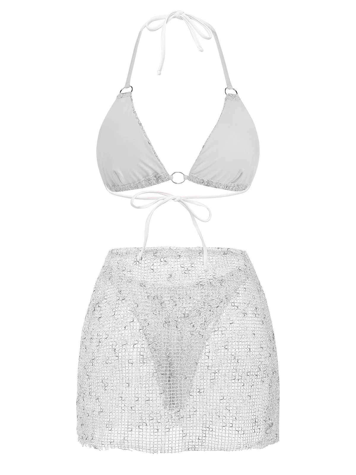3PCS Y2K Crochet Sequin Halter Tie Triangle Bikini Set & Cover-Up - Image 13