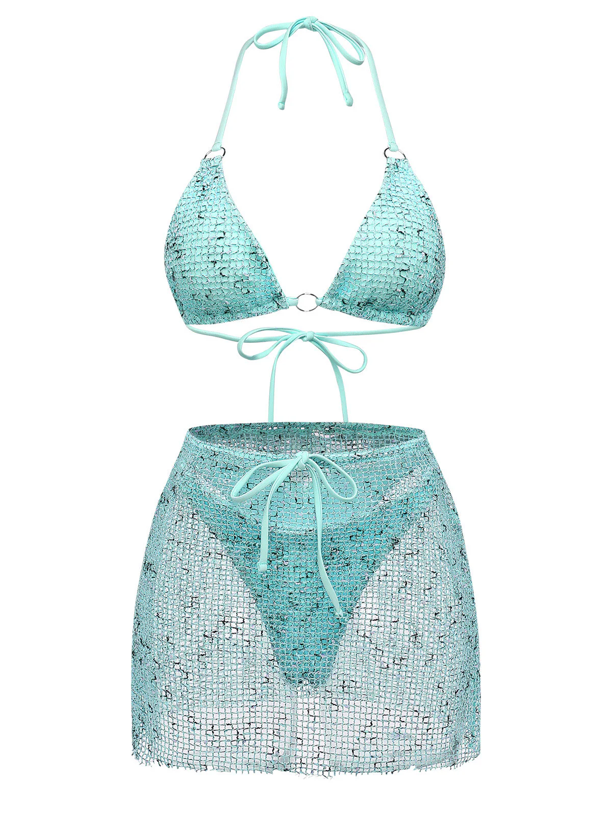 3PCS Y2K Crochet Sequin Halter Tie Triangle Bikini Set & Cover-Up - Image 2