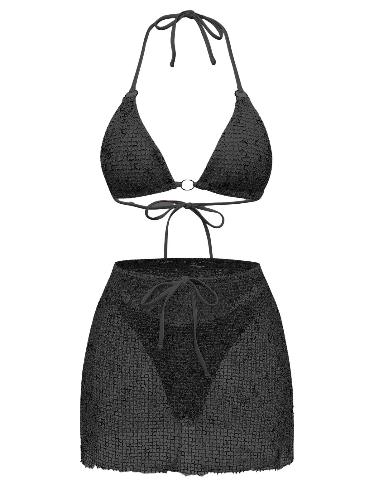 3PCS Y2K Crochet Sequin Halter Tie Triangle Bikini Set & Cover-Up - Image 4