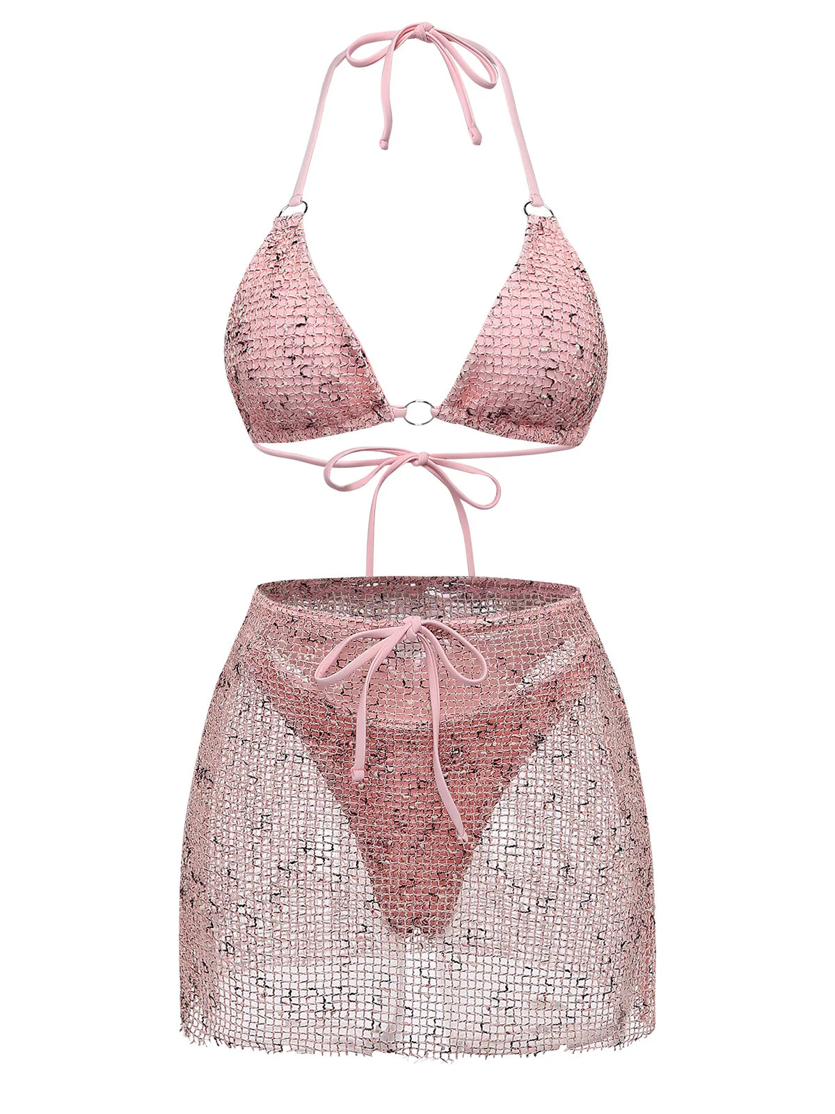 3PCS Y2K Crochet Sequin Halter Tie Triangle Bikini Set & Cover-Up - Image 6