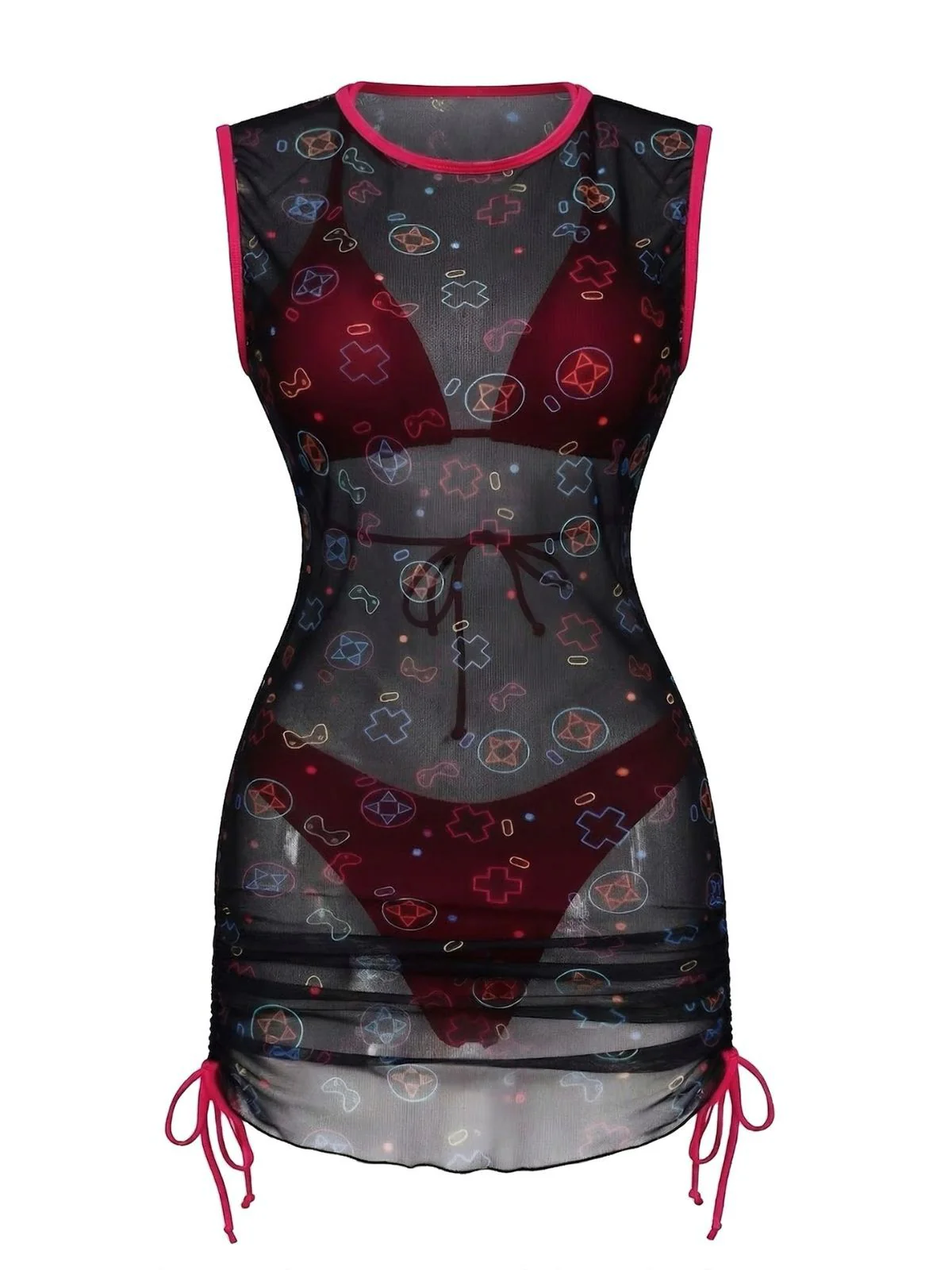 3PCS Y2K Solid Bikini Set & Neon Gaming Print Mesh Cover-Up - Image 2