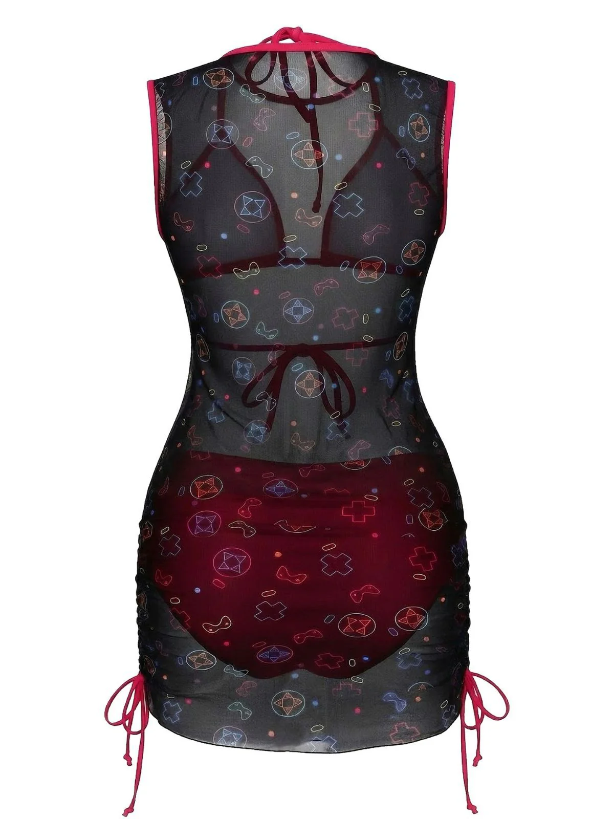 3PCS Y2K Solid Bikini Set & Neon Gaming Print Mesh Cover-Up - Image 3
