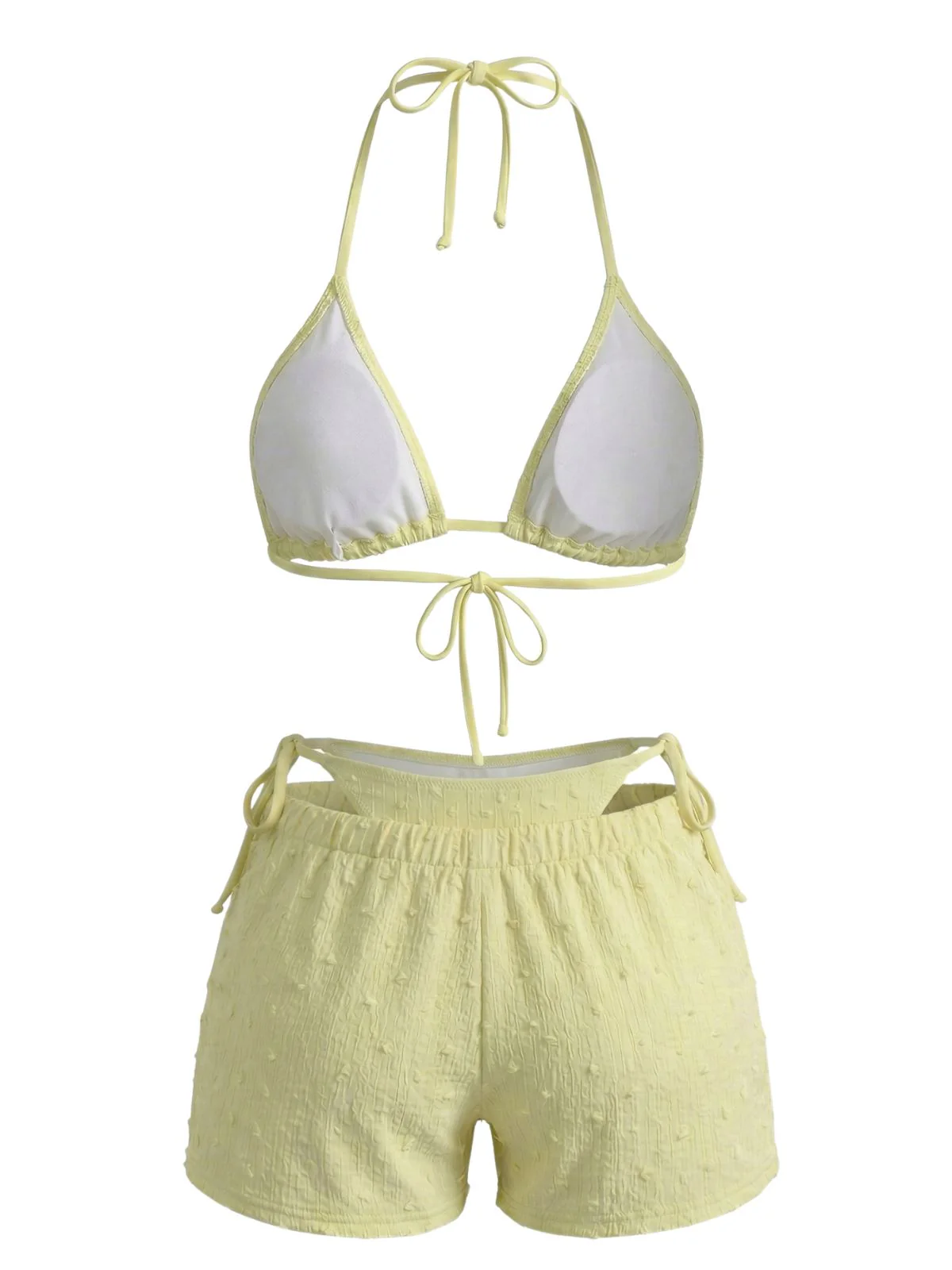 3PCS Yellow 1950s Textured Halter Bikini Set & Shorts - Image 2