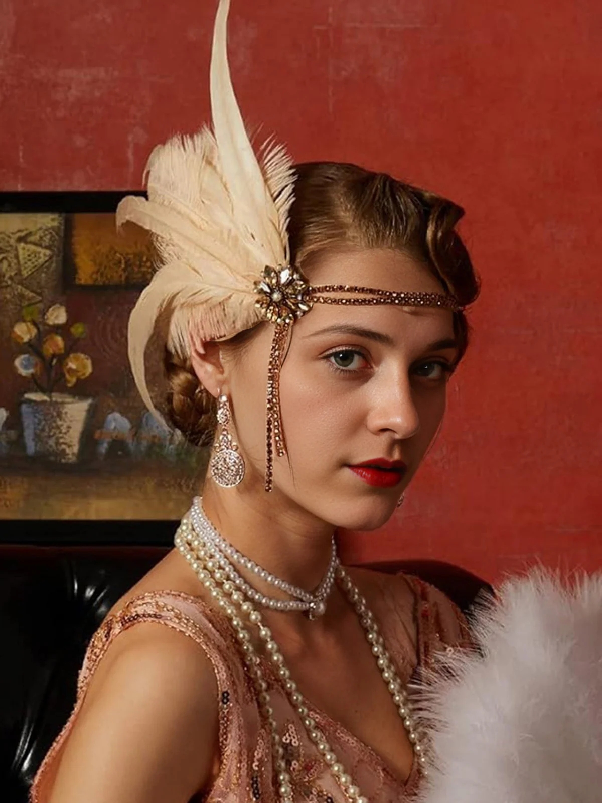 4PCS 1920s Feather Headband Gloves Accessories Set - Image 5