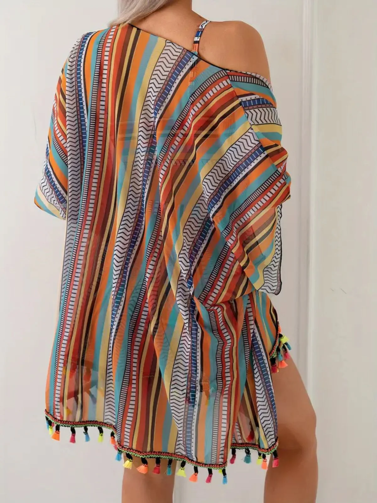 4PCS 1970s Boho Striped Bikini & Fringe Cover-Up Set - Image 2