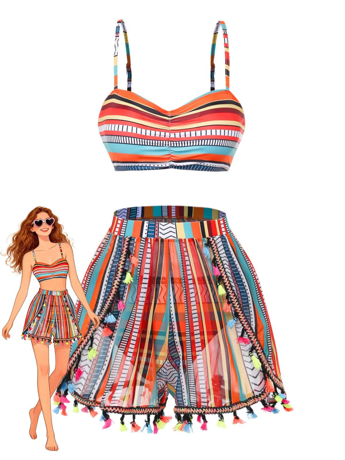 4PCS 1970s Boho Striped Bikini & Fringe Cover-Up Set - Image 4