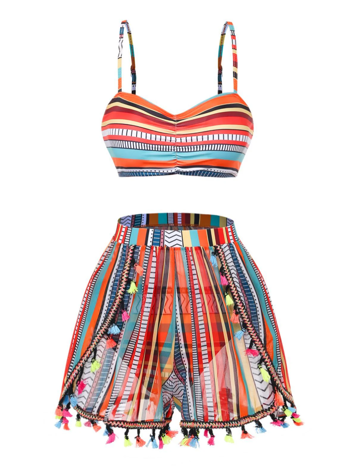 4PCS 1970s Boho Striped Bikini & Fringe Cover-Up Set - Image 5