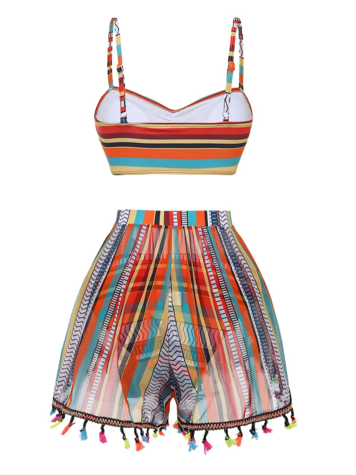 4PCS 1970s Boho Striped Bikini & Fringe Cover-Up Set - Image 6