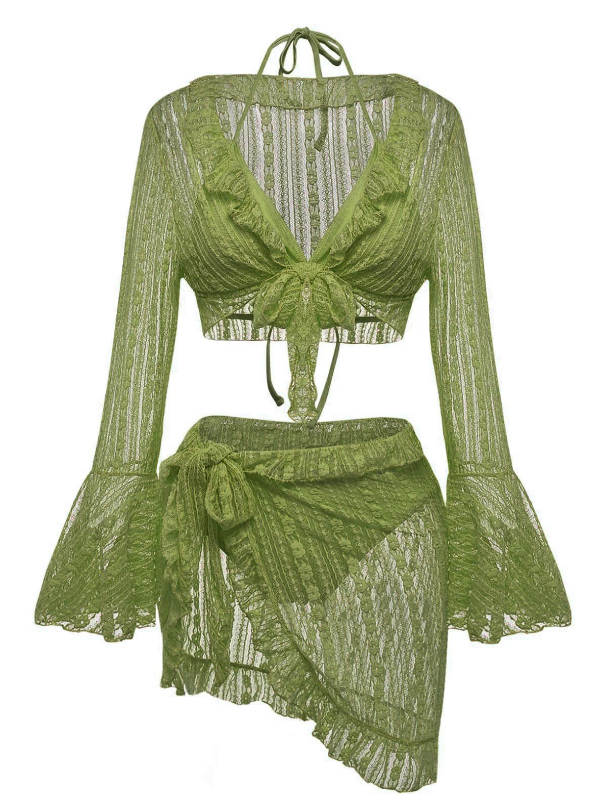 4PCS 1970s Halter Bikini Set & Sheer Bell Sleeve Cover-Up - Image 10