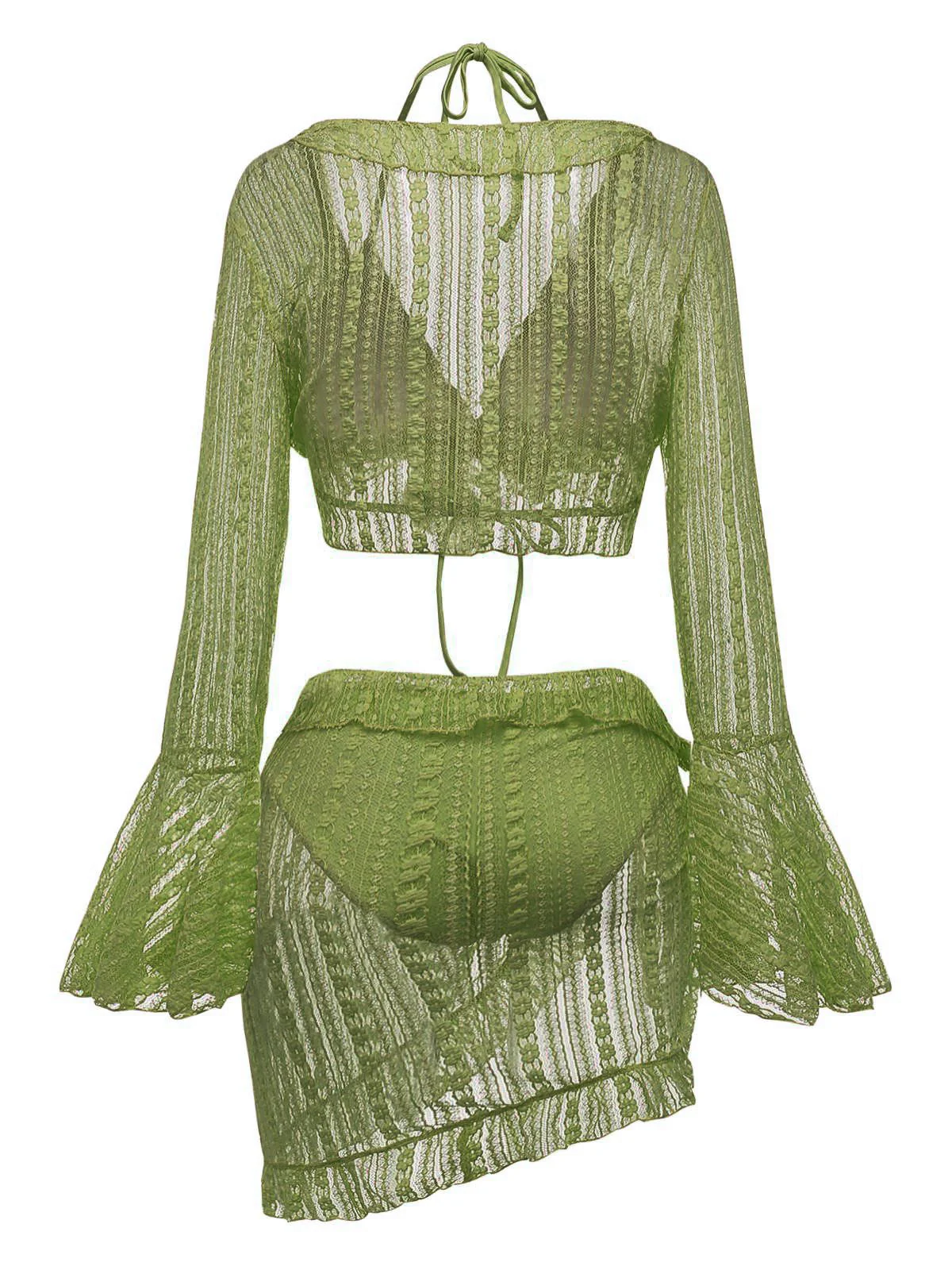 4PCS 1970s Halter Bikini Set & Sheer Bell Sleeve Cover-Up - Image 11