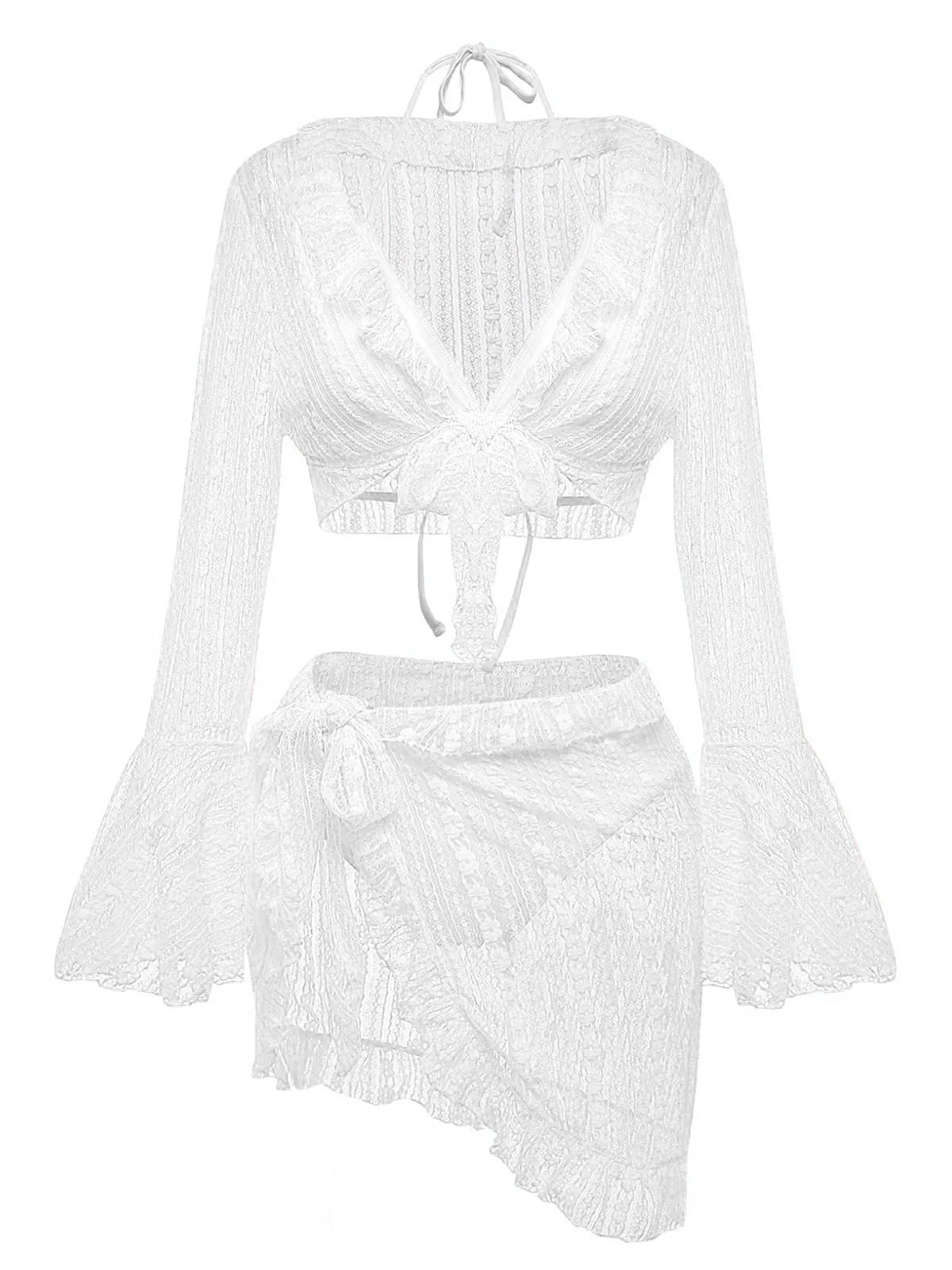 4PCS 1970s Halter Bikini Set & Sheer Bell Sleeve Cover-Up - Image 12