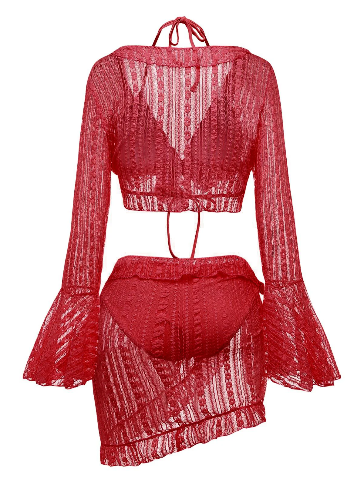 4PCS 1970s Halter Bikini Set & Sheer Bell Sleeve Cover-Up - Image 15