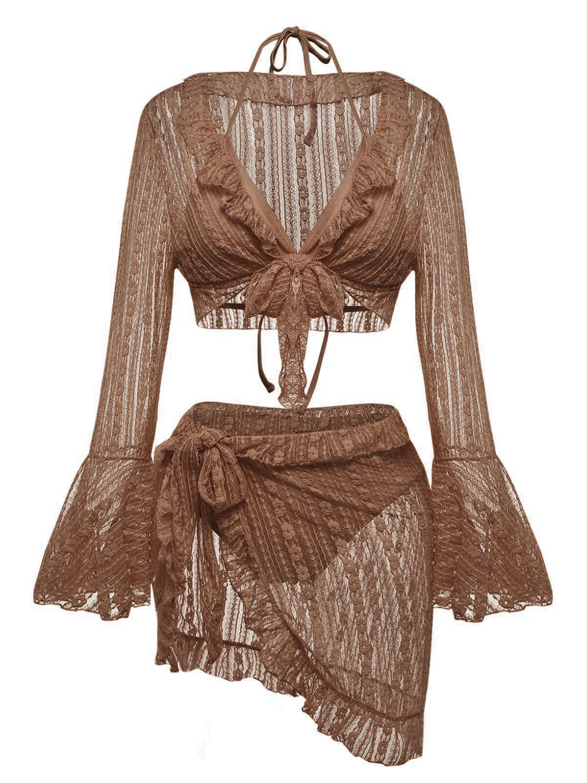 4PCS 1970s Halter Bikini Set & Sheer Bell Sleeve Cover-Up - Image 16