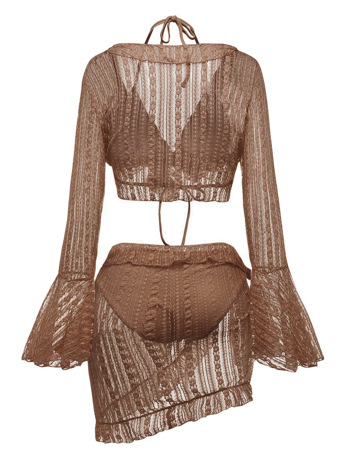 4PCS 1970s Halter Bikini Set & Sheer Bell Sleeve Cover-Up - Image 17