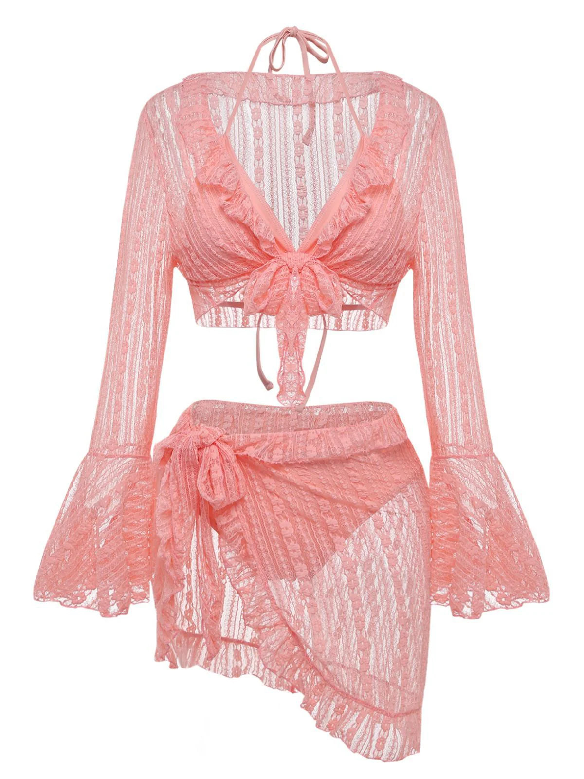 4PCS 1970s Halter Bikini Set & Sheer Bell Sleeve Cover-Up - Image 2
